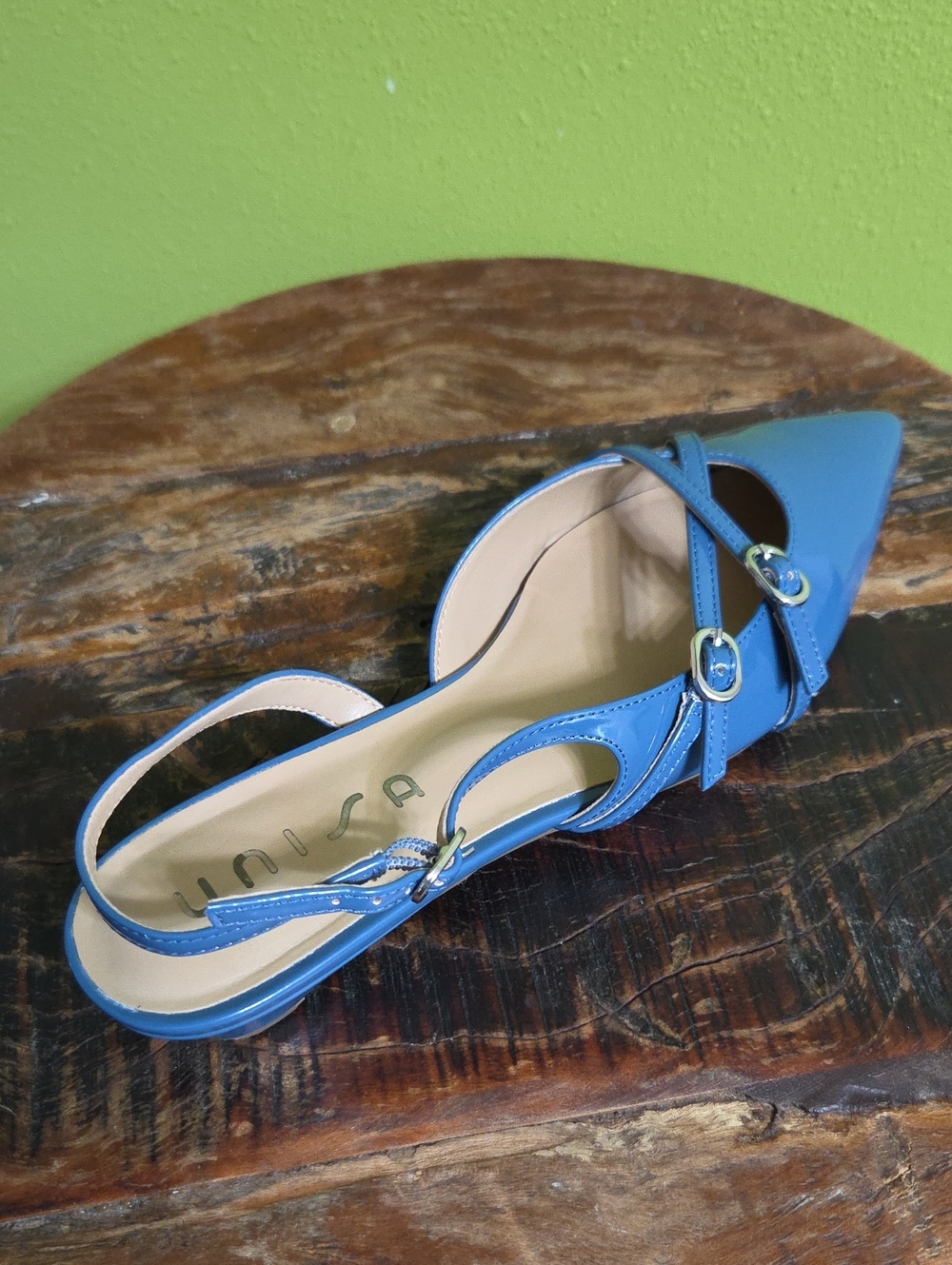 Unisa Teal Blue Pointed Toe Slingback Flats with Buckle Accent